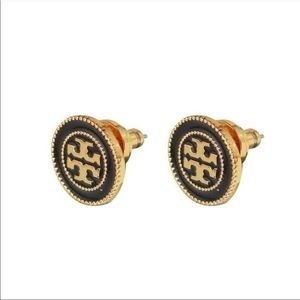 Tory Burch Black Double Circle Gold Logo Earrings With Dust Bag